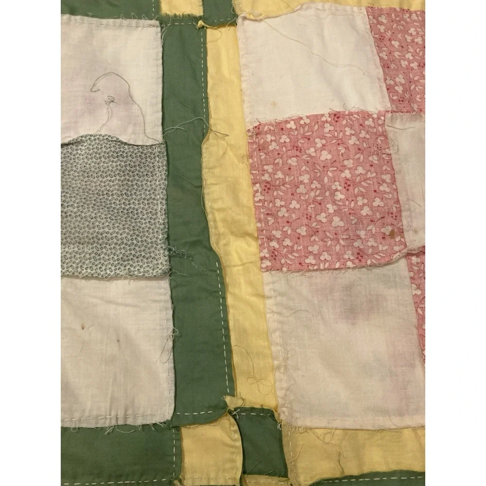 Vintage Hand Sewn Nine Patch Quilt Top Sashing And Cornerstones 70x81 Unfinished